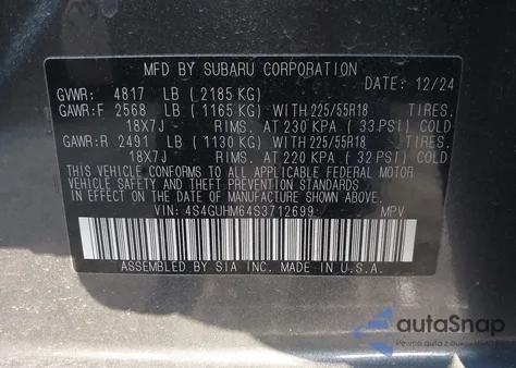 2025 Subaru Crosstrek Limited from USA, damaged, VIN 4S4GUHM64S3712699